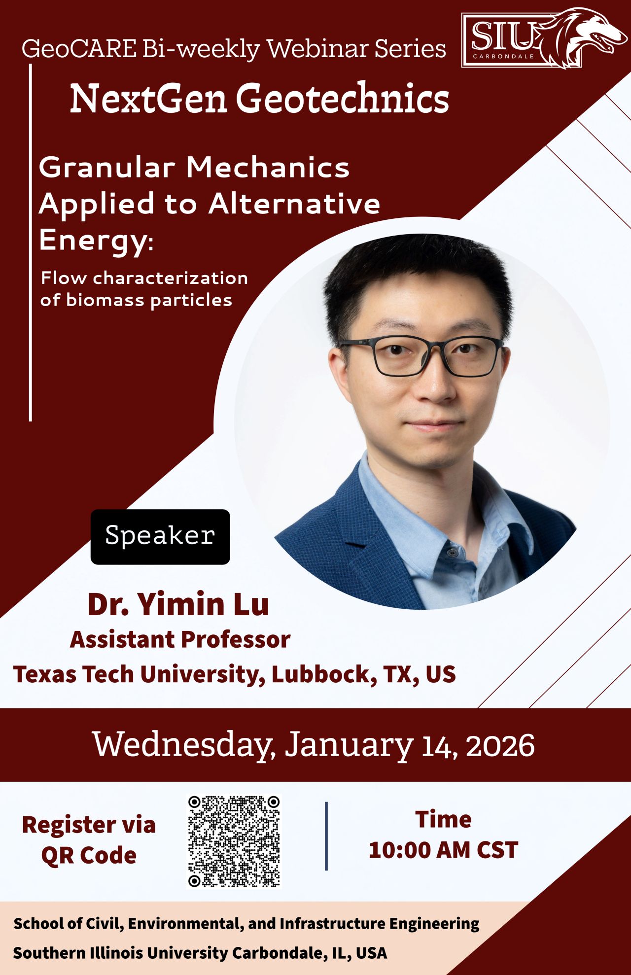 Flyer for the first NextGen Geotechnics webinar with Dr. Yimin Lu
